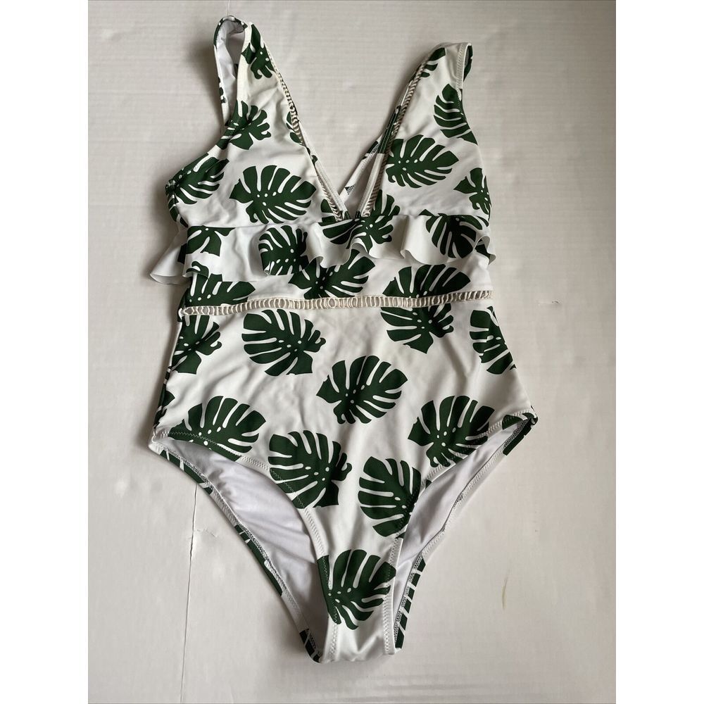 Cupshe White Green‎ Leaf  Print V-Neck Swimsuit Medium